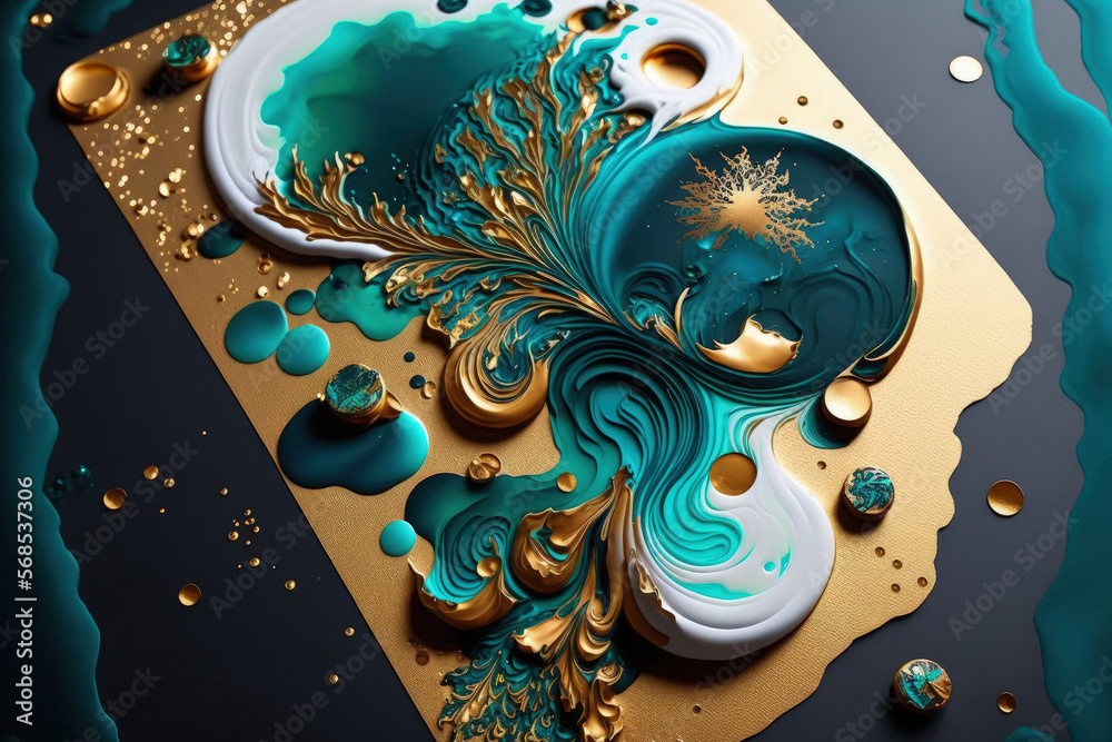 With puddles of golden metallic highlights, the ink has the appearance of running aqua water. Translucent teal, turquoise, black, and gold unique alcohol ink. Generative AI