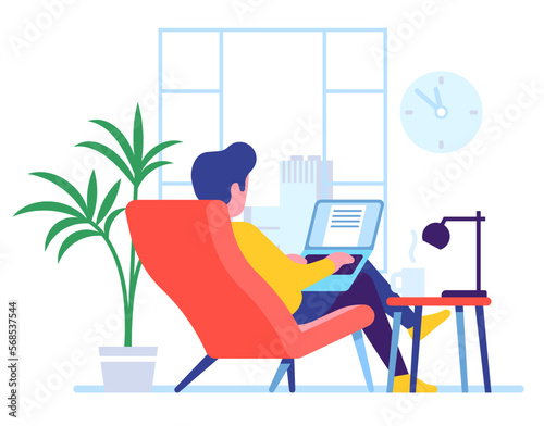 Copywriter composes text. Editor typewriting article. Freelancer working at laptop. Remote job. Copywriting blog content. Author novel edition. Male sitting in armchair. Vector concept