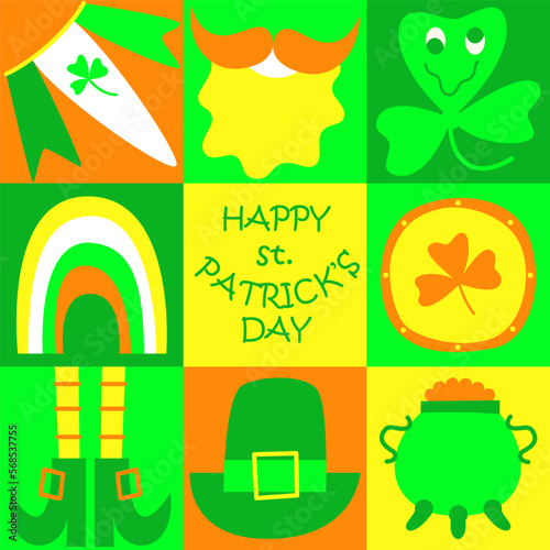 Bright doodle elements for St Patrick's Day. Trippy style. Celebration Irish holiday in the national colors. Great for postcard, pattern, invitation, t-shirts. Trendy y2k retro hippie print. Vector