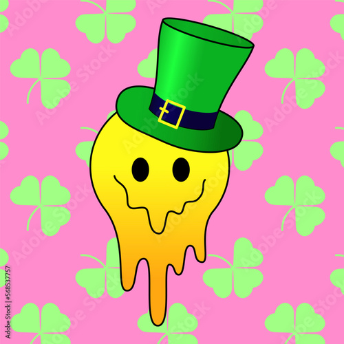 Melting or dripping smiley with a leprechaun green hat. Bright smiling emoticon for St Patrick's Day on repeat background. Celebration irish holiday. Trendy y2k retro hippie print. Vector illustration