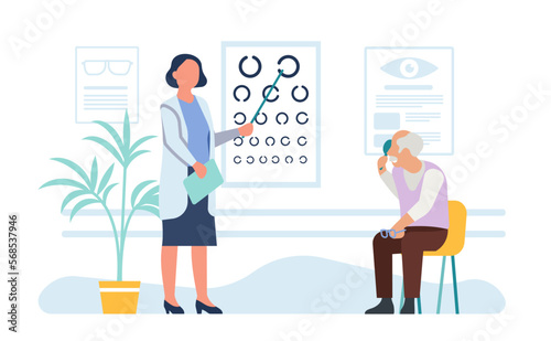 Female ophthalmologist checks old patient eyesight with chart. Vision correction. Retired man eye diagnostic. Senior male health examination. Appointment with doctor. Vector concept