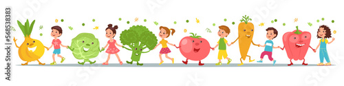 Happy children and cute vegetables. Food characters. Funny kids holding hands with big fruits. Healthy meal. Natural products. Boys and girls standing in chain. Splendid vector concept