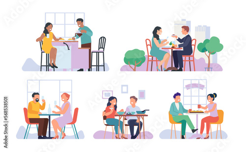 Joyful people eat food at home. Dinner in cafe and outdoor terrace. Men and women enjoying meals. Pizza and drinks. Breakfast in kitchen. Romantic dating. Couples taking lunch vector set