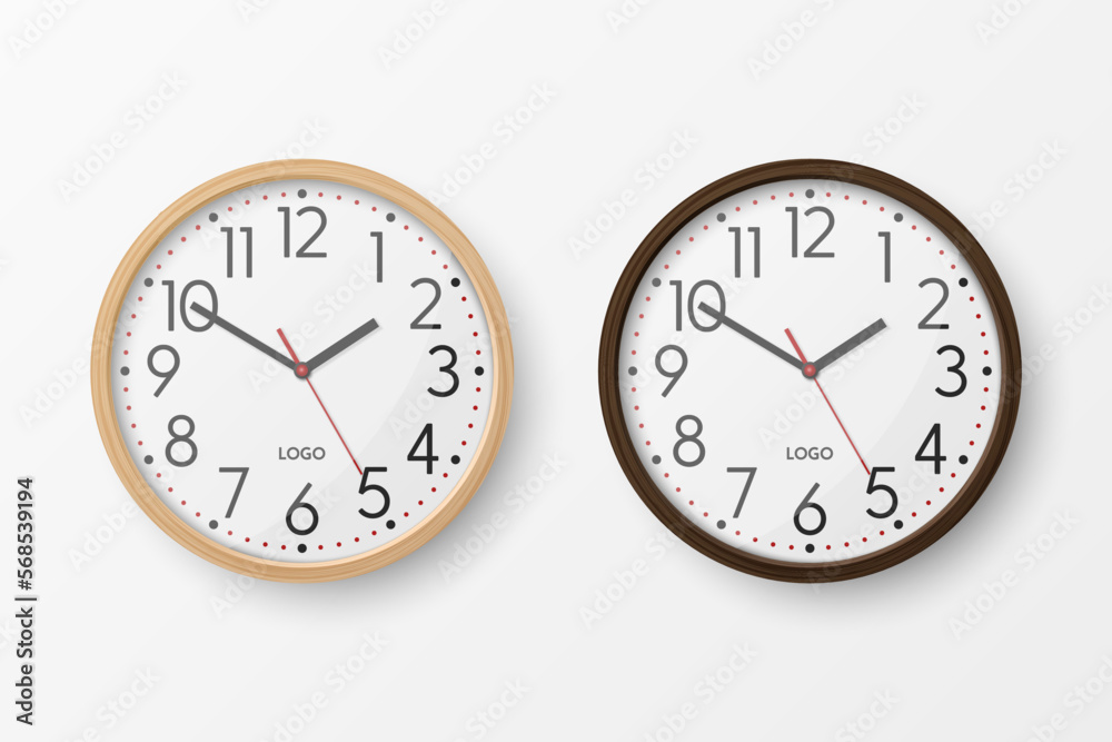 Vector 3d Realistic Simple Round Brown Wooden Wall Office Clock with White Dial Icon Set Closeup Isolated on White Background. Design Template, Mock-up for Branding, Advertise. Front or Top View