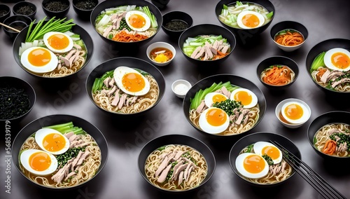 Delicious bowls of Japanese Ramen with egg, noodles, and chicken, Ai Generated