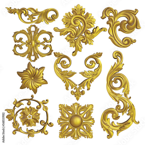 3D render of gold engraved victorian elements