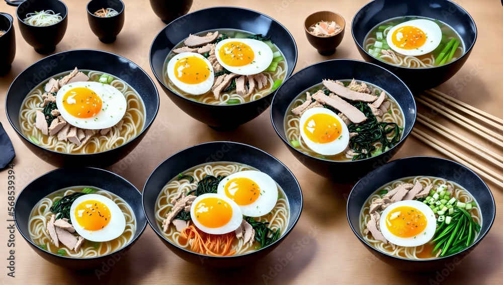 Delicious bowls of Japanese Ramen with egg, noodles, and chicken, Ai Generated Delicious bowls of Japanese Ramen with egg, noodles, and chicken, Ai Generated