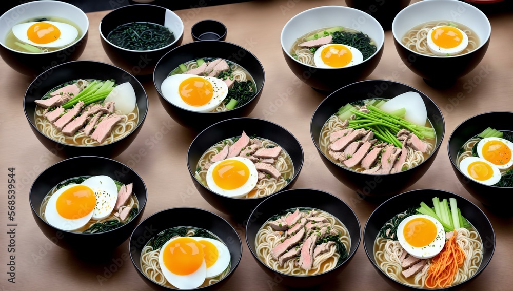 Delicious bowls of Japanese Ramen with egg, noodles, and chicken, Ai Generated Delicious bowls of Japanese Ramen with egg, noodles, and chicken, Ai Generated