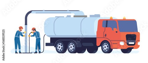 Sewer cleaning service. Workers clean sewerage line. Truck with cistern and pump hose. Liquid drain machine. Industrial vehicle. Pipeline repair workman. Plumbers work. Vector concept