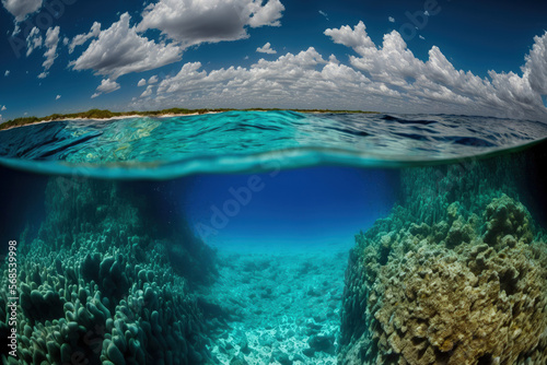 Ocean seen from a vertical low angle in Bonaire, the Caribbean. Generative AI © AkuAku