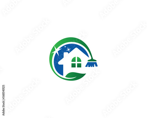 House Cleaning Logo Design With Green Leaf Element Symbol Vector Template.