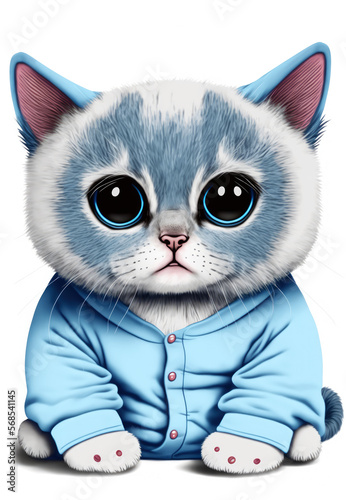 Cute Cat with Big Eyes in Blue Pajamas