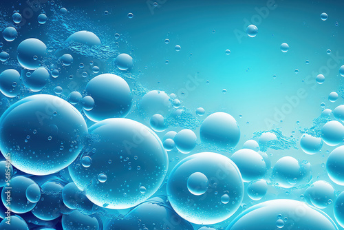 Clear, transparent water surface texture in a transparent blue tone with bubbles, splashes, and ripples. background with abstract nature With copy space, sunlight and water waves emulsion micellar ton photo
