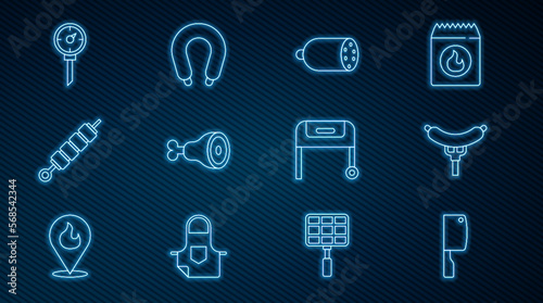 Set line Meat chopper, Sausage on the fork, Salami sausage, Chicken leg, Grilled shish kebab, Kitchen thermometer, Barbecue grill and icon. Vector