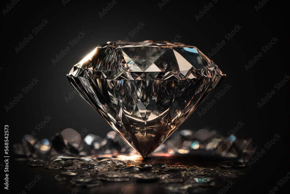 Close-up of a large shiny diamond, black background. Generative ai - obrazy, fototapety, plakaty 