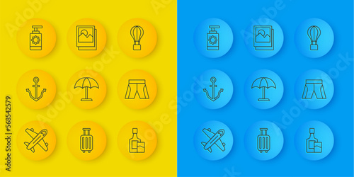 Set line Plane, Anchor, Sun protective umbrella, Whiskey bottle and glass, Short pants, Sunscreen spray, Hot air balloon and Photo icon. Vector