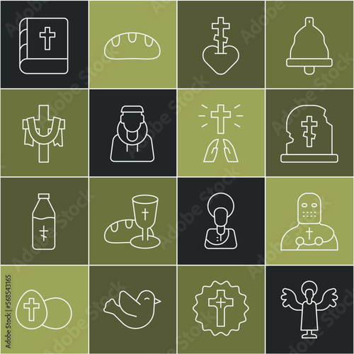 Set line Angel, Knight crusader, Grave with tombstone, Religious cross in heart, Monk, Christian, Holy bible book and Hands praying position icon. Vector