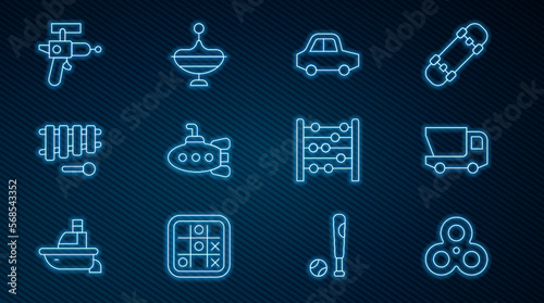 Set line Fidget spinner, Toy truck, car, Submarine toy, Xylophone, Ray gun, Abacus and Whirligig icon. Vector