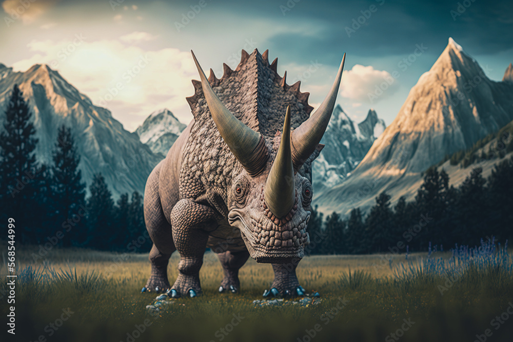 Fototapeta premium Dinosaur: Triceratops in a majestic grassland setting surrounded by tall mountains, Generative AI