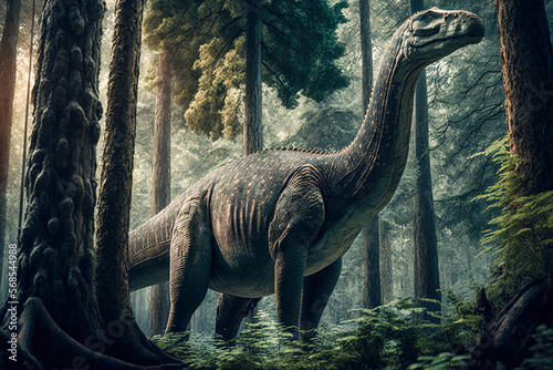 Dinosaur  a massive diplodocus stretching its long neck to feed  Generative AI