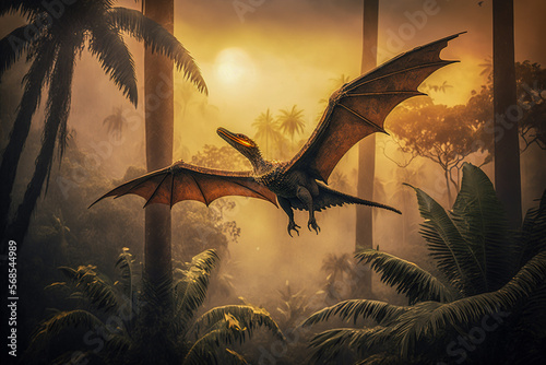 Dinosaur: High-flying pterodactyl soaring above a lush tropical jungle, Generative AI photo