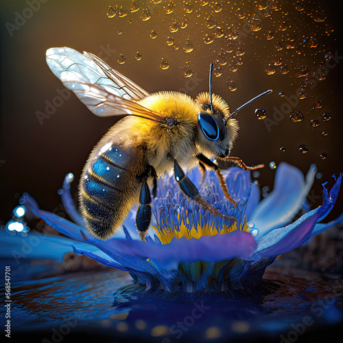 Bee on a light blue flower, with morning dew