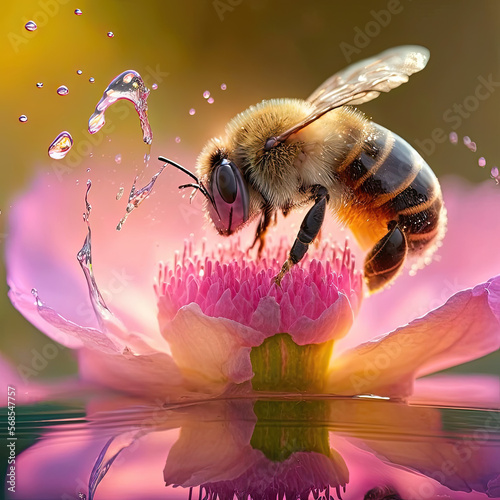 Bee on a pink flower, with morning dew