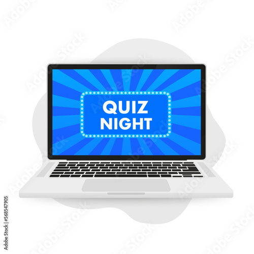 The concept of a night lamp Quiz. Element template for a project on a laptop. Announcement of the evening quiz. Vintage style letter box light bulbs shining on a dark background. Vector illustration