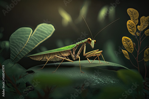 Elegant mantis on green leaves
