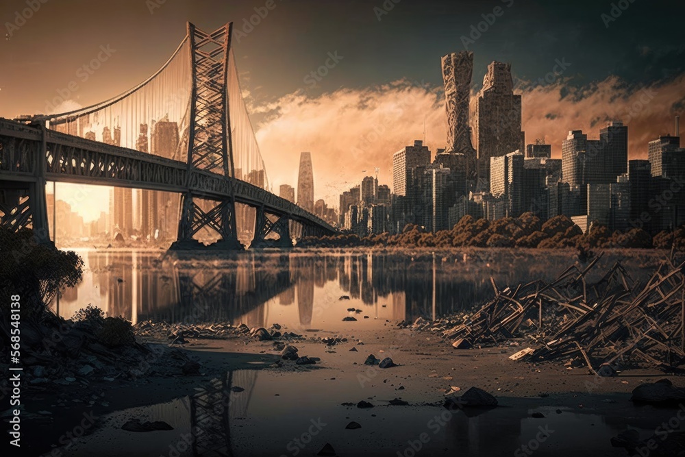Post apocalyptic city view cityscape. City in ruins. Dystopian future. Generative AI