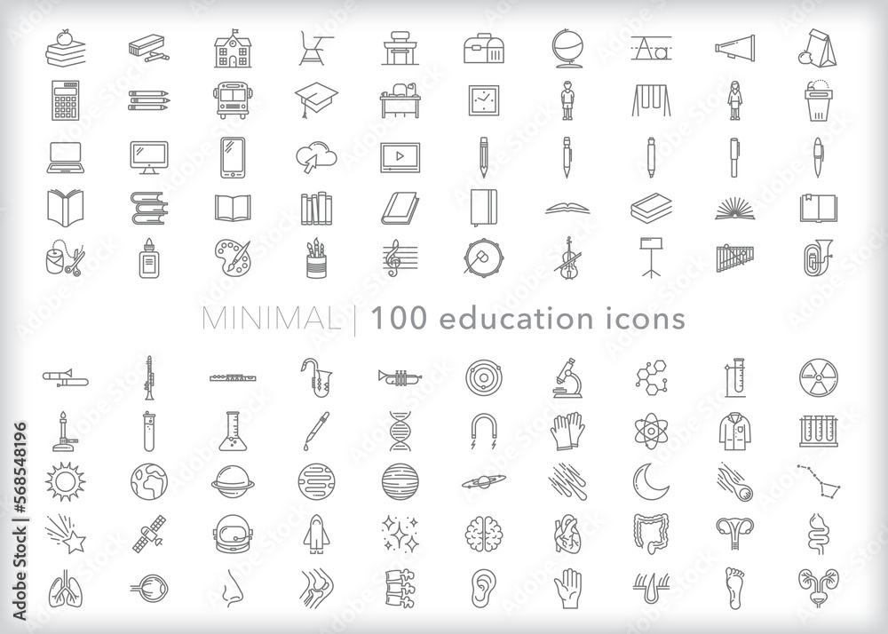 Set of 100 education line icons of items and themes related to primary ...