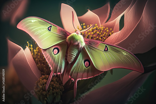 Luna moth on light pink flower