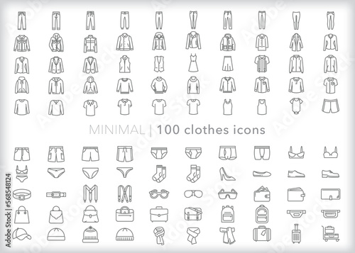 Set of 100 clothes line icons of shirts, pants, underwear and accessories for a well-stocked closet