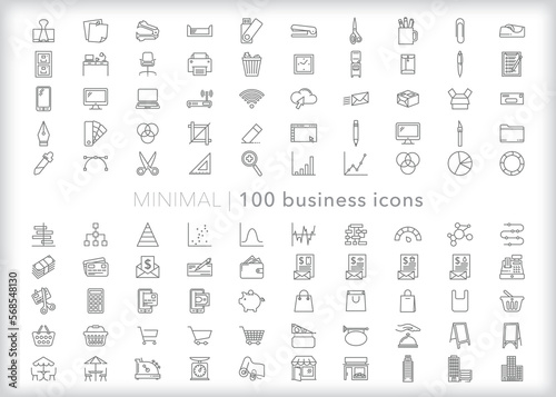 Set of 100 business line icons of office items for a business or workplace