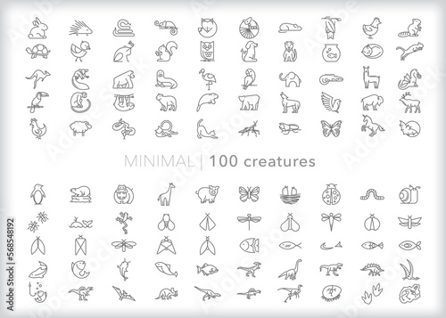 Set of 100 creature line icons of animals in the wild or as domesticated as pets