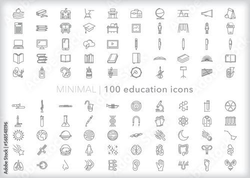 Set of 100 education line icons of items and themes related to primary and secondary school subjects including the arts and sciences