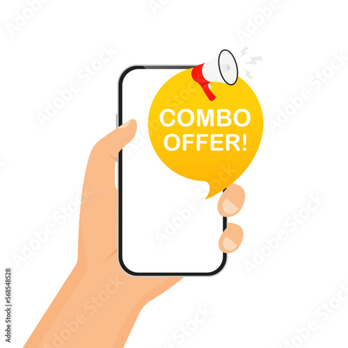 Hand holding the phone. Banner combo offer megaphone icon. Isolated on white background. Business concept. Alert banner with megaphone, marketing and advertising. Vector illustration