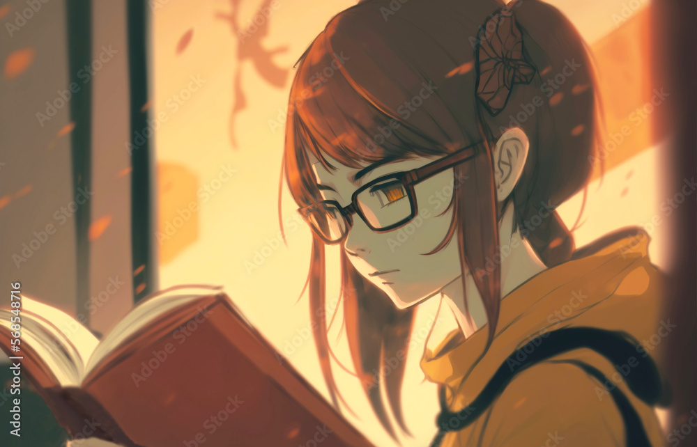anime girl reading a book drawing