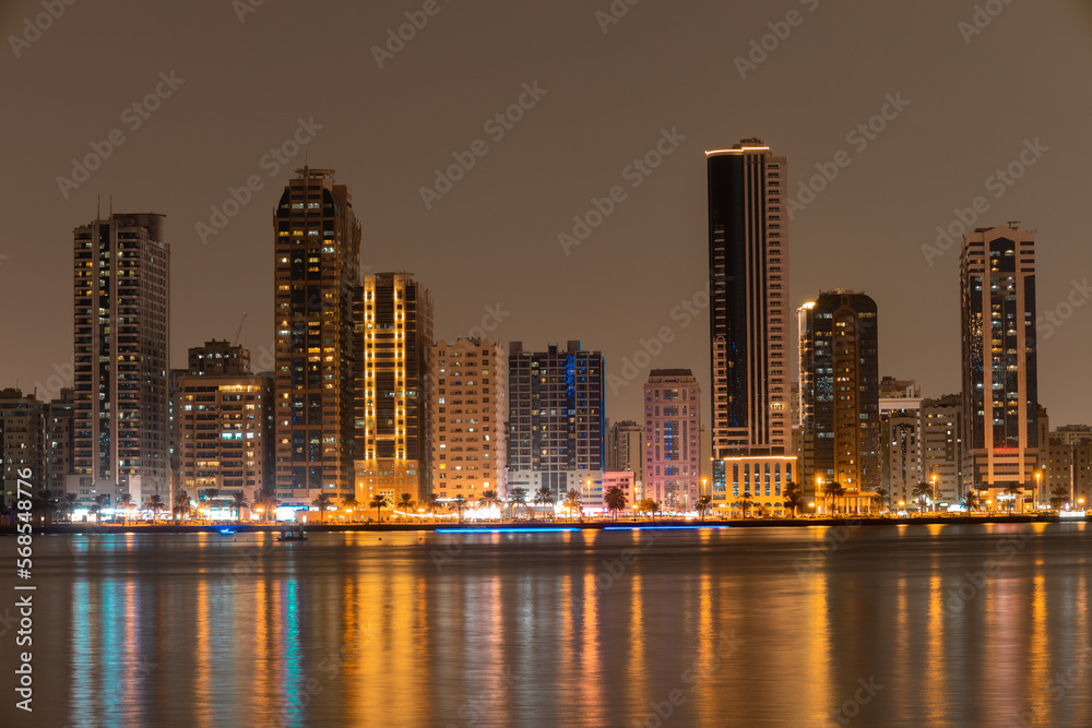 Fototapeta premium Sharjah urban cityscape skyline night scene