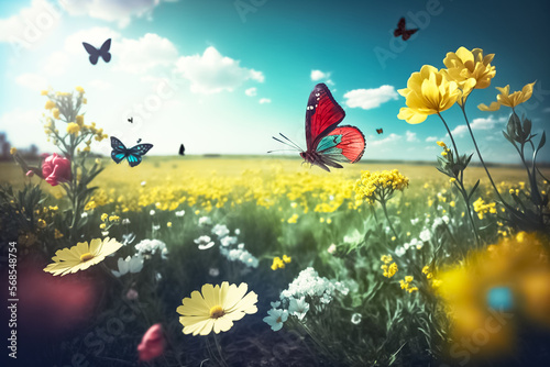 Natural landscape with green grass, flowers and butterfly. Blurred, sunlight spring nature background. Springtime. Flowers and Plants on a Sunny Background. generative AI