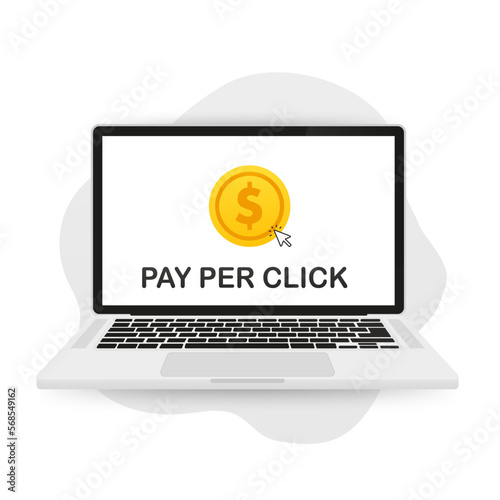 Pay per click flat illustration with laptop and pointer. PPC advertising online messenger. Marketing strategy for business promotion. Pay for the banner on the web page. Vector illustration