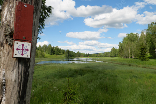 Typische Wegmarkierung auf dem St. Olavsweg, Gudbrandsdalsleden. Der Pilgerweg geht in Norwegen von Oslo nach Trondhein. Hier hängt das Symbol am Baumstamm und idylischen Teich nah von Jessheim.