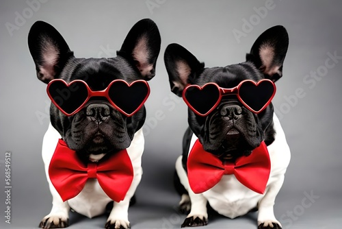 Portrait of black and white french bulldog dogs with bow tie and red heart glasses. Generative AI. © Pictures Paradise