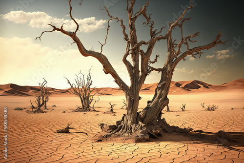 dry desert soil or arid terrain with dead trees. Generative AI