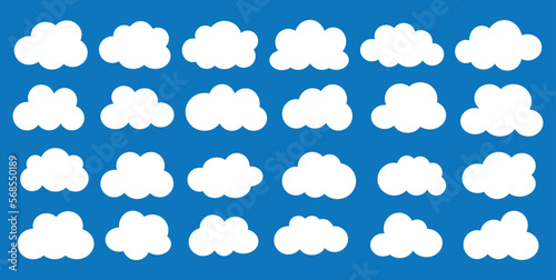 Fototapeta Naklejka Na Ścianę i Meble -  Flat cloud shape vector icon set on blue background.