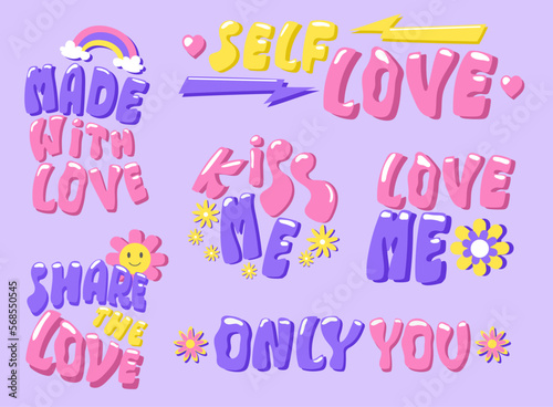 Groovy hippie lettering stickers about love.