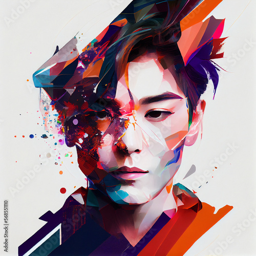 Abstract portrait of Asian man with glitch effect illustration Generative AI