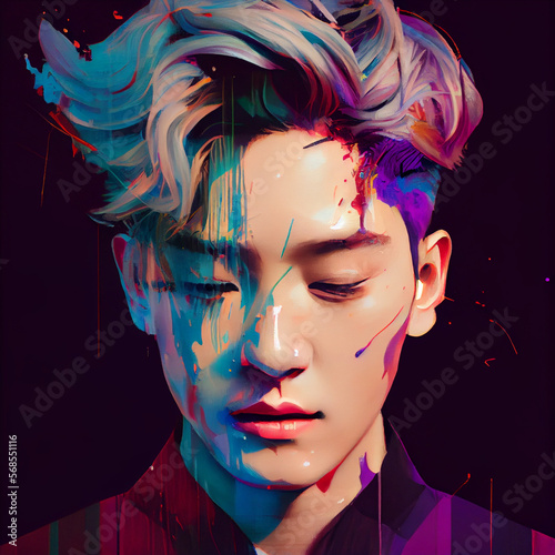 Abstract portrait of Asian man with glitch effect illustration Generative AI