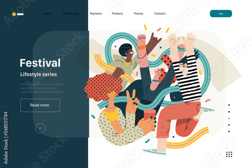 Lifestyle web template - Festival - modern flat vector illustration of a man and a woman taking part in the rock musical festival. People activities concept