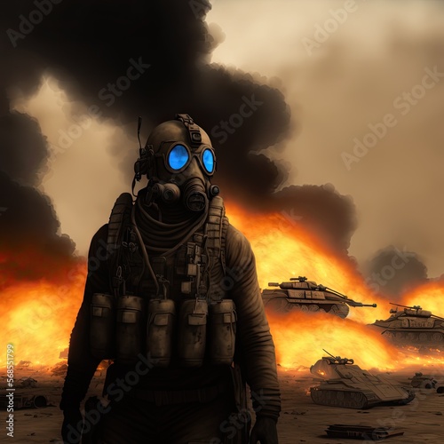Soldier in Fiery War Zone With Gas Mask, Tanks and Fire in the Background. Generative AI. 